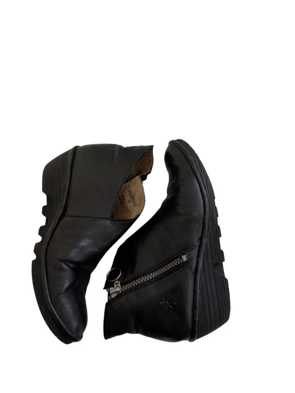 Fly London Poro Y2K Black Leather Wedge Zip Ankle Boots Booties Size 38 US 7.5